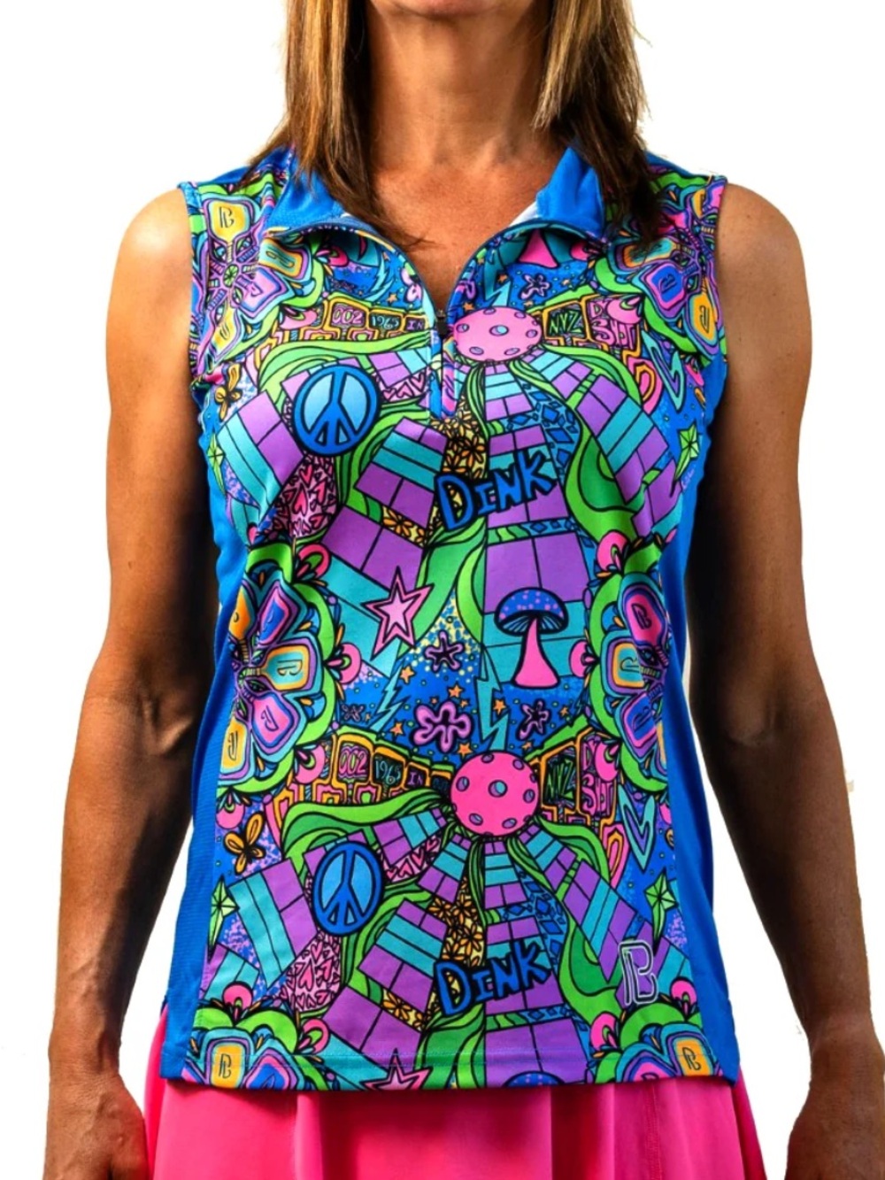 Pickleball Bella Vibrant Blue Psychedelic Print Sleeveless Quarter Zip Top